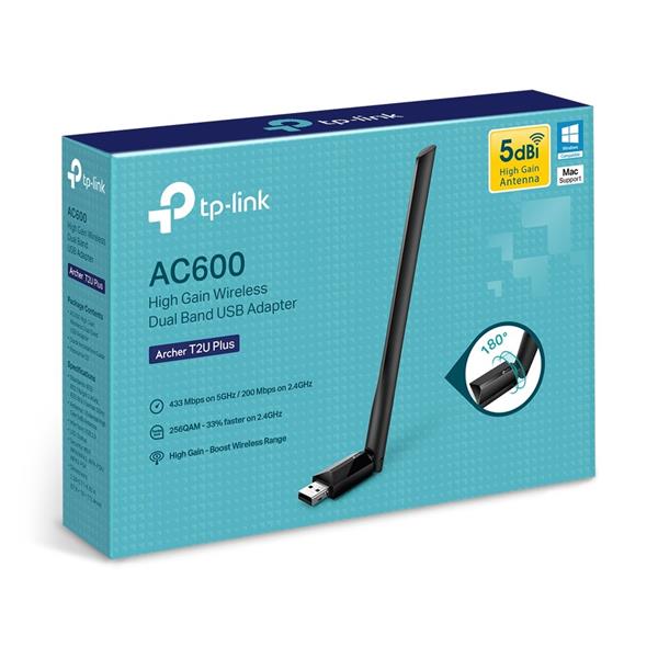 TP-LINK Archer T2U Plus AC600 High Gain Wi-Fi Dual Band USB Adapter,433Mbps at 5GHz + 200Mbps at 2.4GHz, USB 2.0 