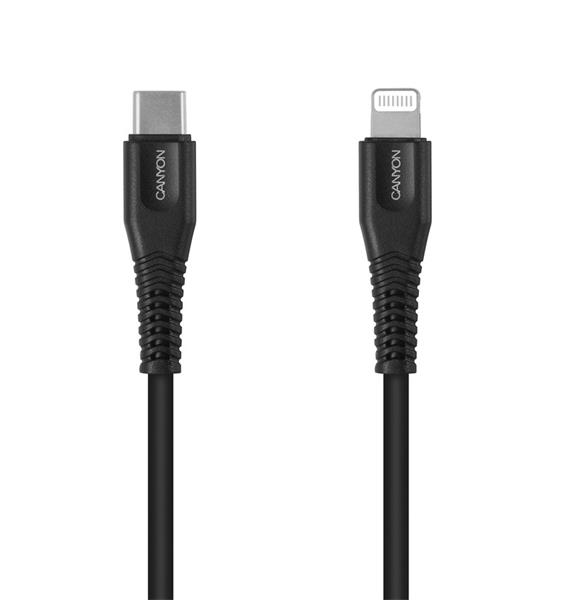 Canyon MFI-4, 1.2m kábel USB-C / Lightning, MFi Apple schválený, 5V/2.4A, priemer 3.5mm, PVC, čierny 
