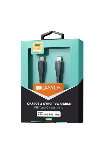 Canyon MFI-4, 1.2m kábel USB-C / Lightning, MFi Apple schválený, 5V/2.4A, priemer 3.5mm, PVC, čierny 