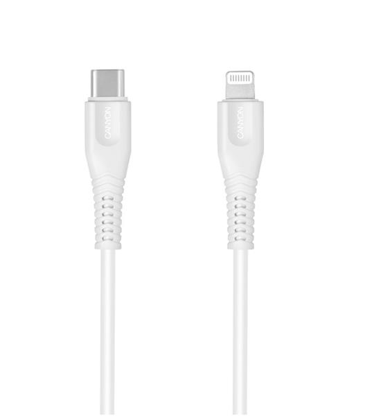 Canyon MFI-4, 1.2m kábel USB-C / Lightning, MFi Apple schválený, 5V/2.4A, priemer 3.5mm, PVC, biely 
