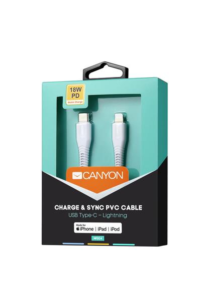 Canyon MFI-4, 1.2m kábel USB-C / Lightning, MFi Apple schválený, 5V/2.4A, priemer 3.5mm, PVC, biely 