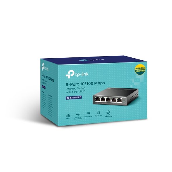 5-Port 10/100 Mbps Desktop Switch with 4-Port PoE, 4× 10/100 Mbps PoE Ports, 1× 10/100 Mbps Non-PoE Port, 802.3af, 41 W  