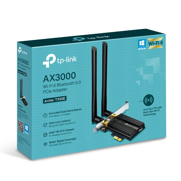 AXE5400  Tri-Band Wi-Fi 6E Bluetooth PCI Express Adapter
SPEED: 2402 Mbps at 6 GHz + 2402 Mbps at 5 GHz + 574 Mbps at 2 