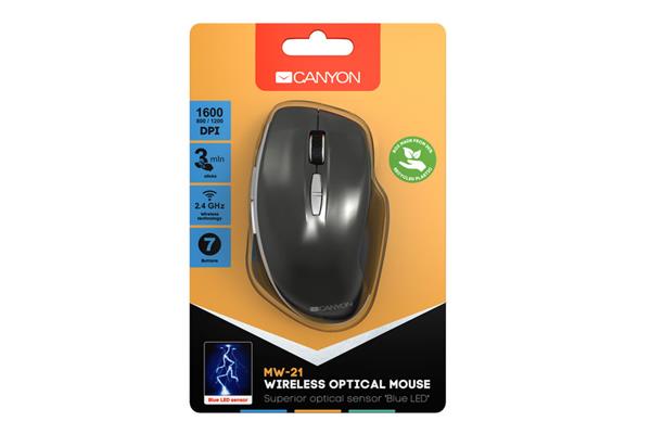Canyon MW-21, Wireless optická myš, USB prij., Blue LED senz., 800/1.200/1.600 dpi, 3 tlač, šedá 