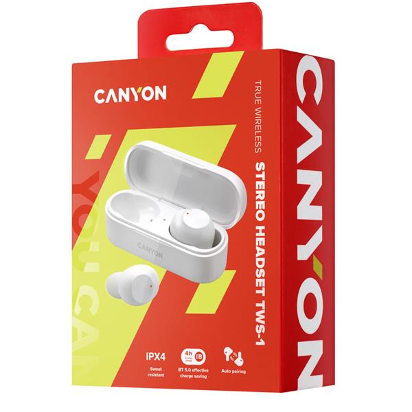 Canyon TWS-1, True Wireless Bluetooth slúchadlá do uší, nabíjacia stanica v kazete, biele 