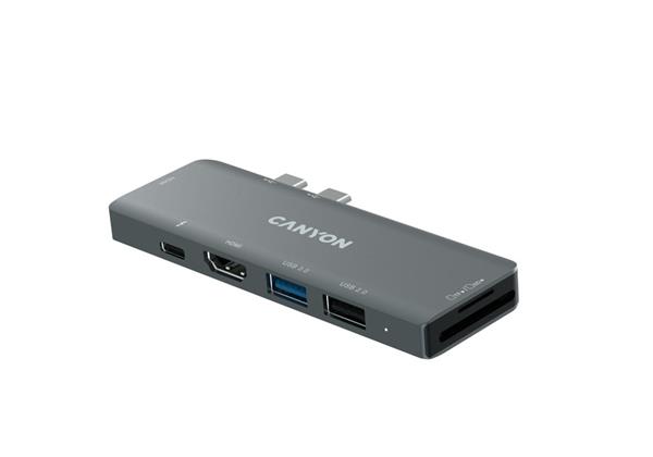 Canyon DS-5, 7v1 hub pre MacBook, USB-C Power delivery, 1xUSB 3.0, 1xUSB 2.0, 2xHDMI, TF a SD reader 