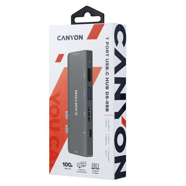 Canyon DS-5, 7v1 hub pre MacBook, USB-C Power delivery, 1xUSB 3.0, 1xUSB 2.0, 2xHDMI, TF a SD reader 