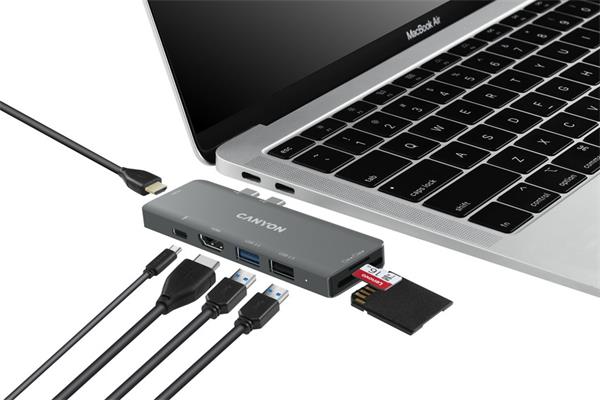 Canyon DS-5, 7v1 hub pre MacBook, USB-C Power delivery, 1xUSB 3.0, 1xUSB 2.0, 2xHDMI, TF a SD reader 