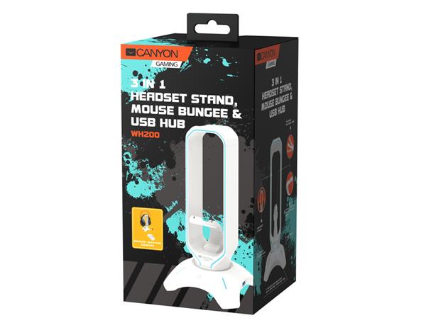 Canyon WH-200, 3v1, stojan pre herný headset + bungee stabilizátor kábla hernej myši + USB hub, biely 