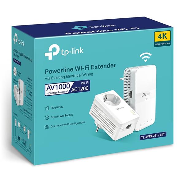 TP-LINK "AV1000 Gigabit Powerline AC1200 Wi-Fi KitKIT: 1× TL-WPA7617 + 1× TL-PA7017PTL-WPA7617:SPEED: 300 Mbps at 2.4 