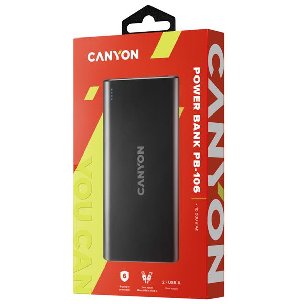 Canyon PB-106, Powerbank, Li-Pol, 10.000 mAh, Vstup: 1x Micro-USB, 1x USB-C, Výstup: 2x USB-A, čierna 