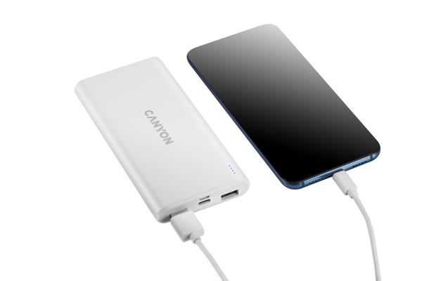 Canyon PB-106, Powerbank, Li-Pol, 10.000 mAh, Vstup: 1x Micro-USB, 1x USB-C, Výstup: 2x USB-A, biela 