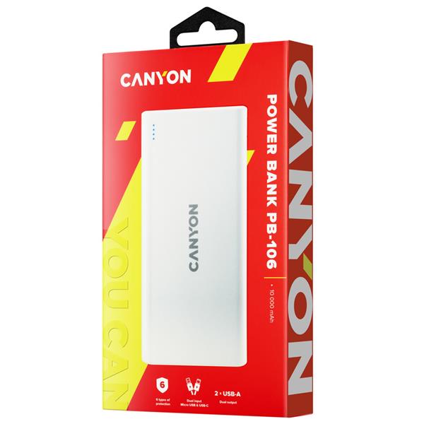Canyon PB-106, Powerbank, Li-Pol, 10.000 mAh, Vstup: 1x Micro-USB, 1x USB-C, Výstup: 2x USB-A, biela 