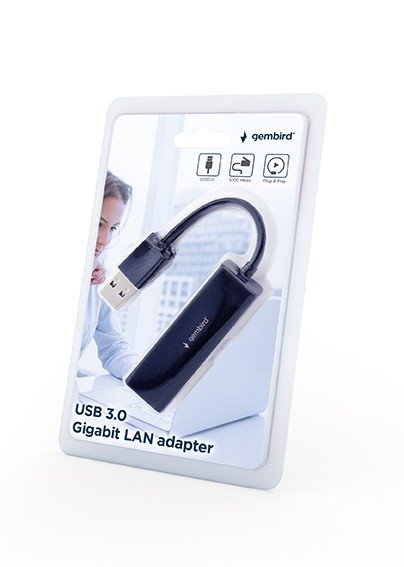Gembird adaptér - USB 3.0 (M) / RJ45 (F) Gigabit LAN, káblik 15cm, čierny 