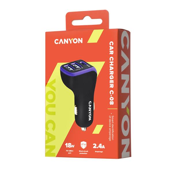 Canyon C-08, univerzálna autonabíjačka, 2x USB-A, 1xUSB-C 18W PD, Smart IC, LED, fialovo - čierna  