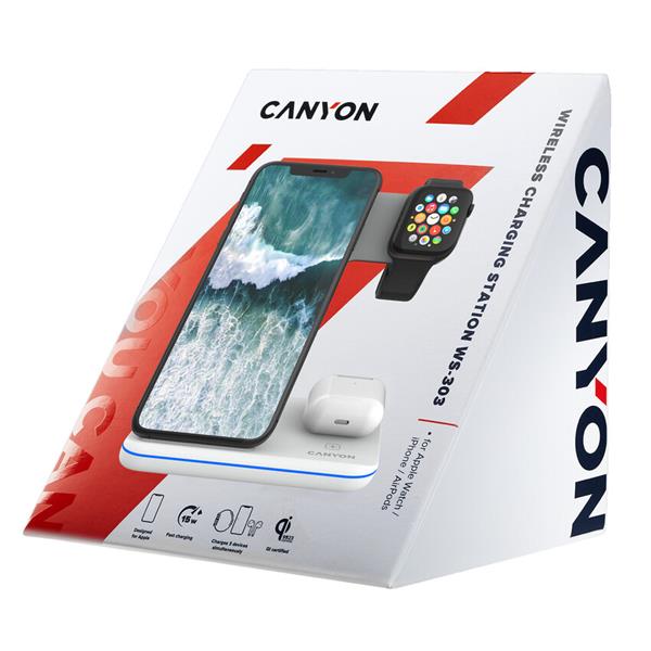 Canyon WS-303, 3v1, bezdrôtová Qi nabíjacia stanica pre 3 zariadenia simultánne, biela 