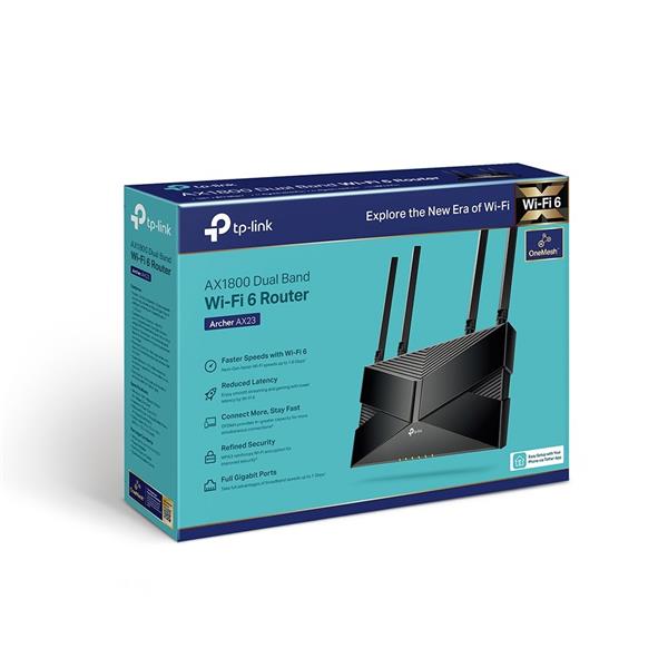 AX1800 Dual-Band Wi-Fi 6 Router SPEED: 574 Mbps at 2.4 GHz + 1201 Mbps at 5 GHz SPEC: 4× Antennas, Dual-Core CPU, 1× Gig 