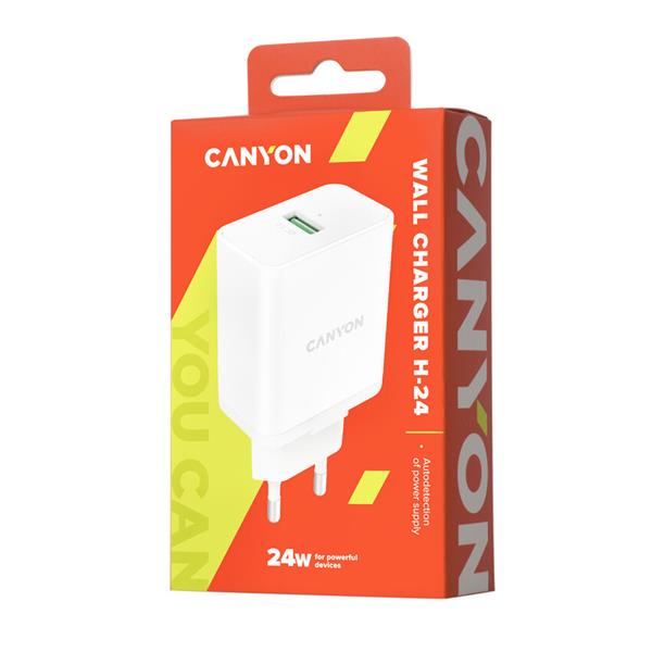 Canyon H-24, vysokorýchlostná univerzálna nabíjačka do steny 1xUSB-A, 24W Quick Charge 3.0, 4 typy ochrany, biela 