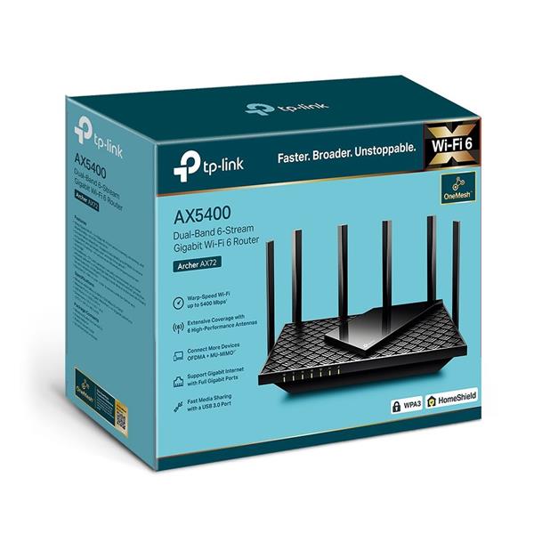 AX5400 Dual-Band Wi-Fi 6 Router SPEED: 574 Mbps at 2.4 GHz + 4804 Mbps at 5 GHz SPEC: 6× Antennas, Qualcomm 1 GHz Dual-C 