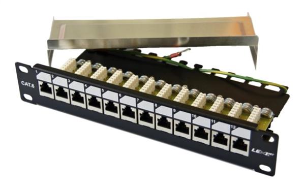 10" patch panel 12port Cat6, FTP, blok UNI-110, vyväz. lišta, 1U čierny