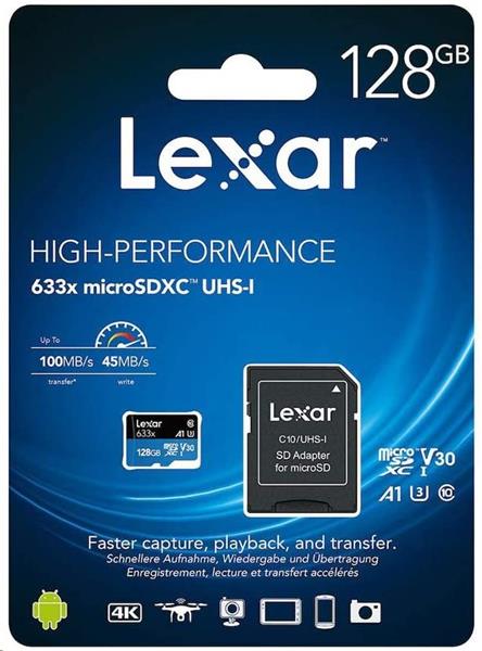 128GB Lexar® High-Performance 633x microSDXC™ UHS-I, up to 100MB/s read 45MB/s write C10 A1 V30 U3, Global