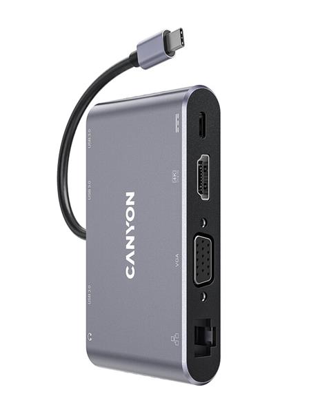 Canyon DS-14, Multiport Docking Station, 8 portov, 1xUSB-C 100W+1xUSB3.0+1xHDMI+1xVGA+1xRJ45+1xaudio 3,5mm