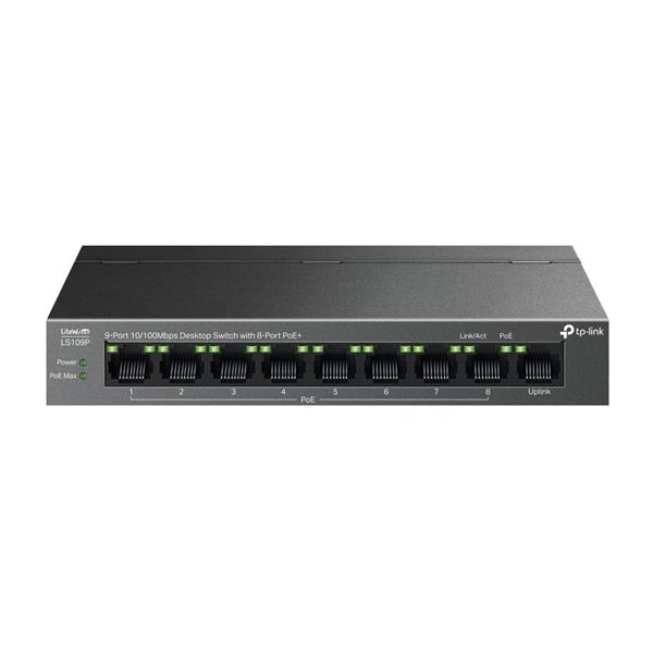 9-Port 10/100 Mbps Desktop Switch with 8-Port PoE+
PORT: 8× 10/100 Mbps PoE+ Ports, 1× 10/100 Mbps Non-PoE Port
SPEC: