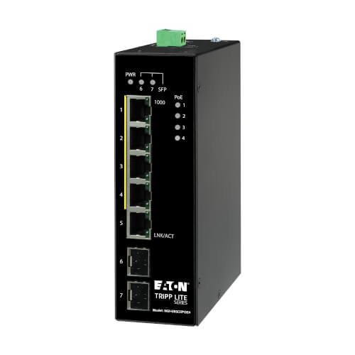 Eaton/Tripplite Prepínač 5x zdroj Unmanaged Ethernet Switch, 10/100/1000Mb/s, 2GbE SFP, PoE+ 30W, -10°…+60°C, DIN