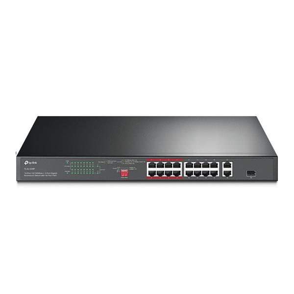 16-Port 10/100Mbps + 2-Port Gigabit Rackmount Switch with 16-Port PoE+ PORT: 16× 10/100 Mbps PoE+ Ports, 2× Gigabit Non-