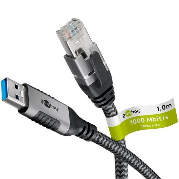 Kábel USB A 3.0 na RJ45 (Gigabit Ethernet), 1m, čierny sivý