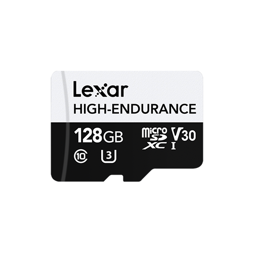 128GB Lexar® High-Endurance microSDHC microSDXC™ UHS-I cards?up to 100MB s read, 45MB s Write, C10 A1 V30 U3