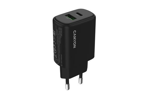 Canyon OnCharge 250, univerzálna nabíjačka do steny, 1x USB-C + 1x USB-A, PD 25W, čierna