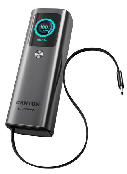 Canyon OnPower 265, Powerbank, 20.000 mAh, 165W ultra rýchla, displej, in:USB-C, out:2x USB-C/1xUSB-A, integ. USB-C káb.
