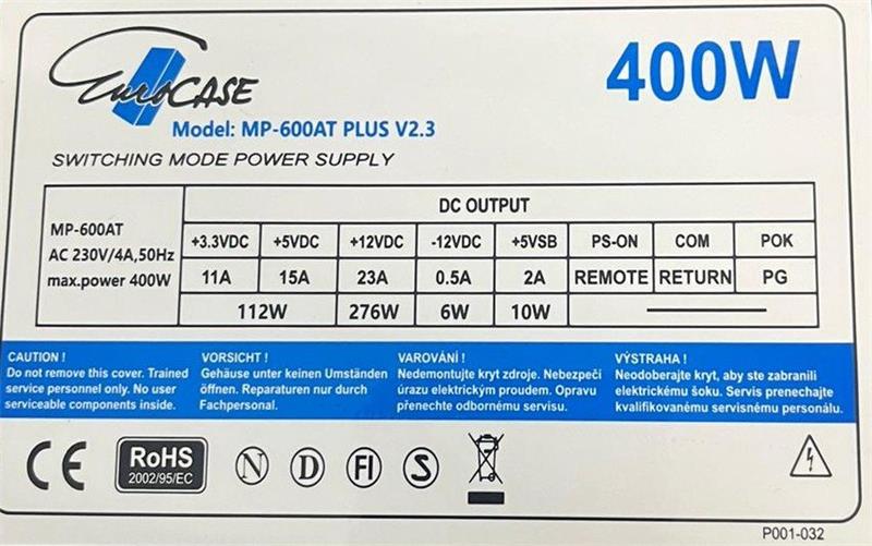 Eurocase 400W-ATX ,12cm fan ,CE,CB,PFC, ErP2013 standby <0,5W 