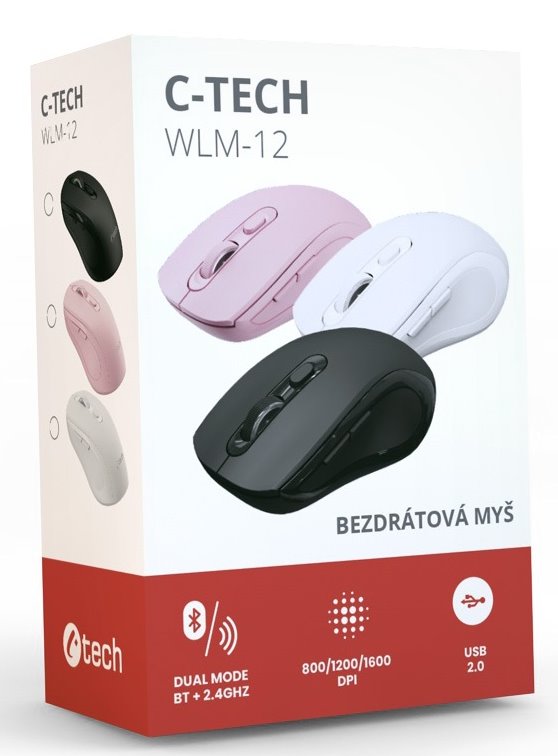 Myš C-TECH WLM-12 Dual mode, bezdrôtová, BT5.0 + 2,4 GHz, 1600DPI, 6 tlačidiel, USB nano receiver, biela 