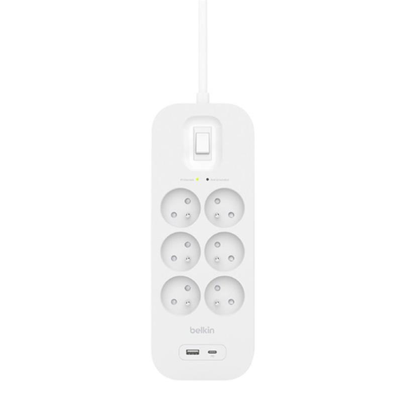 Belkin prepäťová ochrana 6OT 650J 6 zásuviek, USB-A + USB-C - White 