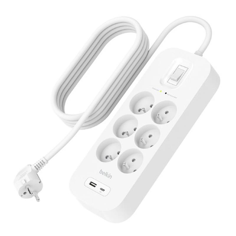 Belkin prepäťová ochrana 6OT 650J 6 zásuviek, USB-A + USB-C - White 