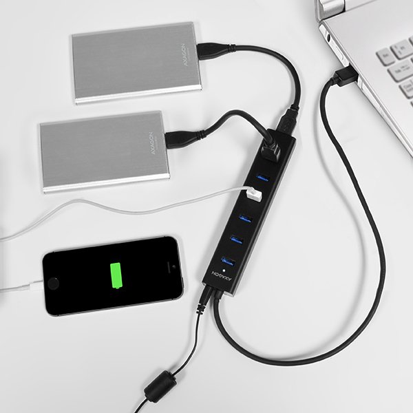 AXAGON HUE-SA7BP, 4x USB 3.0 ALU CHARGING hub, vr. AC adaptéra, kábel USB-A 40cm 