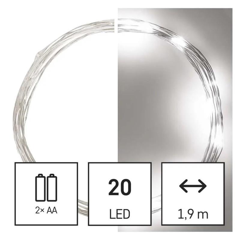 EMOS LED vianočná nano reťaz, 1, 9 m, 2x AA, vnútorná, studená biela, časovač 