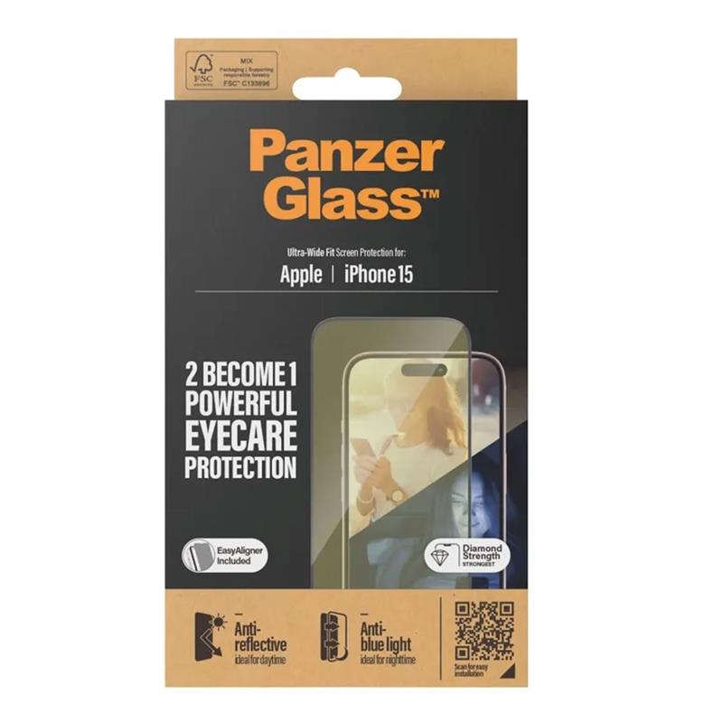 PanzerGlass ochranné sklo UWF EyeCare pre iPhone 15 - Black Frame 