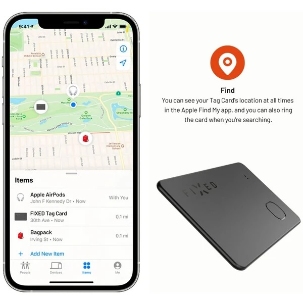 Fixed Smart tracker Tag Card s podporou Find My, bezdrôtové nabíjanie, čierny 