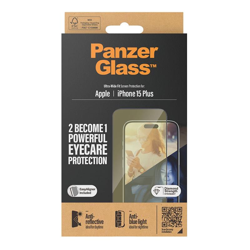 PanzerGlass ochranné sklo UWF EyeCare pre iPhone 15 Plus - Black Frame 
