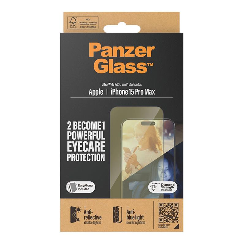 PanzerGlass ochranné sklo UWF EyeCare pre iPhone 15 Pro Max - Black Frame 