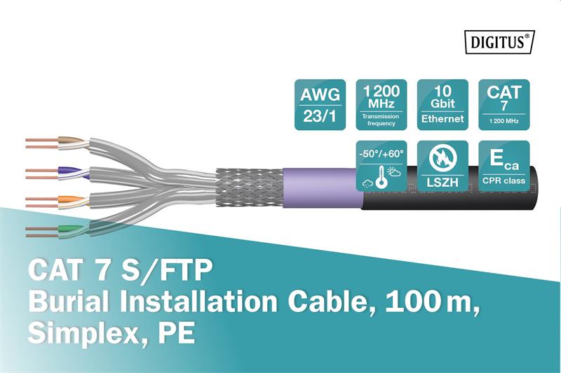 DIGITUS kábel Cat7 S/FTP, drôt, OUTDOOR, 1200MHz PE, Eca (LSZH), AWG 23/1, 100m, modrá/čierná 