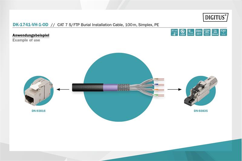 DIGITUS kábel Cat7 S/FTP, drôt, OUTDOOR, 1200MHz PE, Eca (LSZH), AWG 23/1, 100m, modrá/čierná 