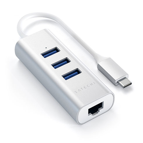 Satechi USB-C 3 USB 3.0 Port Hub & Ethernet Port - Silver Aluminium
