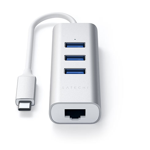 Satechi USB-C 3 USB 3.0 Port Hub & Ethernet Port - Silver Aluminium 