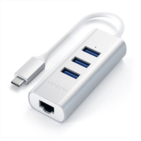 Satechi USB-C 3 USB 3.0 Port Hub & Ethernet Port - Silver Aluminium 