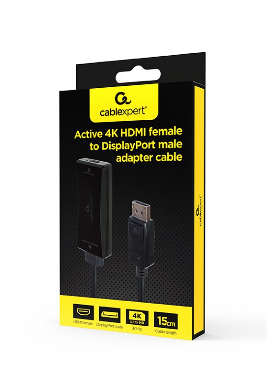 CABLEXPERT redukcia aktívna 4K 30Hz HDMI F/DisplayPort M, 0,15m 