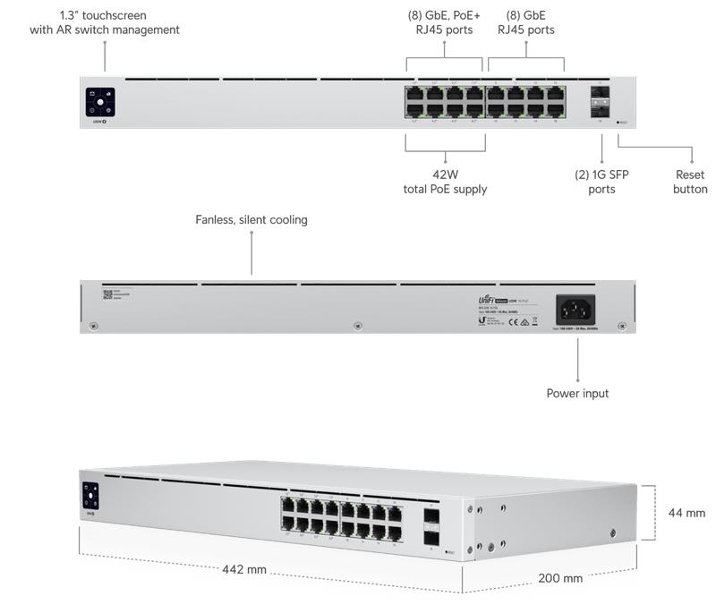 Ubiquiti UniFi switch Gen2 USW-16-POE 16x1000Mbps + 2x SFP   PoE/PoE+ Fanless (42W) 